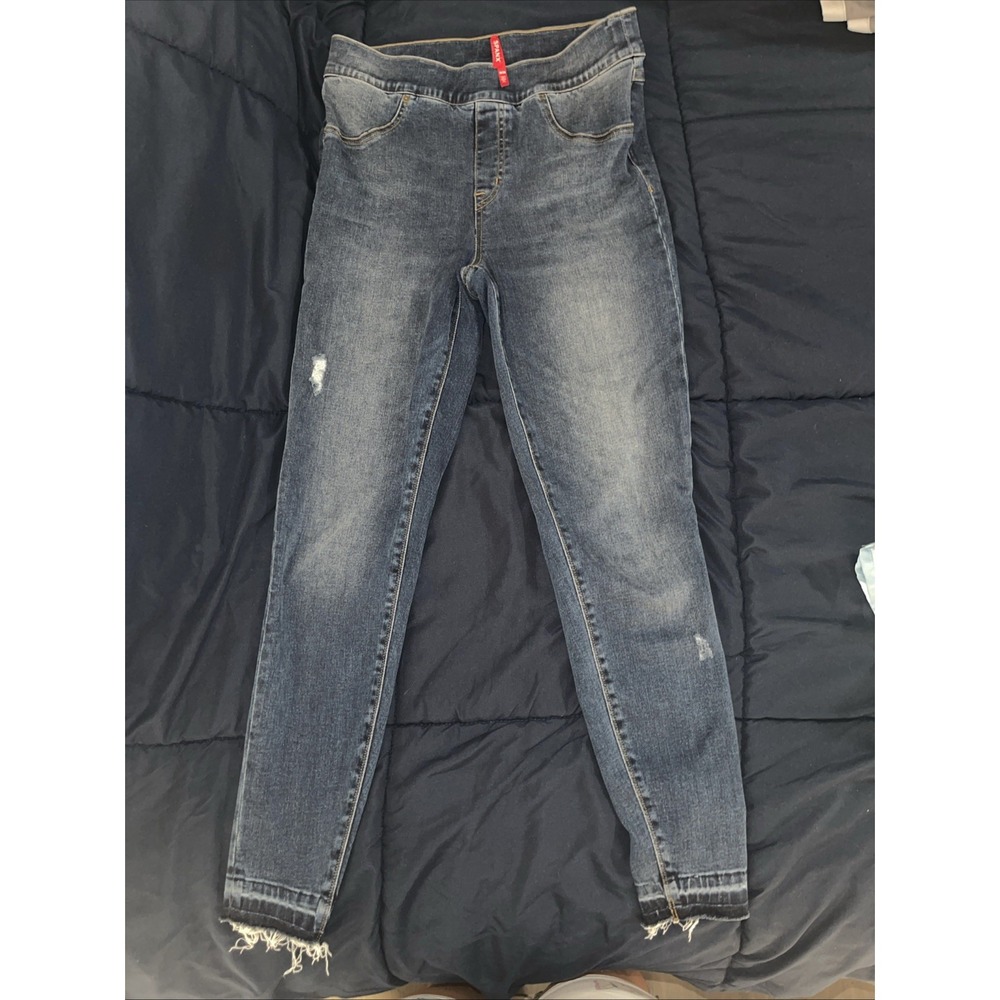 Spanx Women's High Rise Distressed Raw Hem Ankle Skinny Jeans Blue Size M